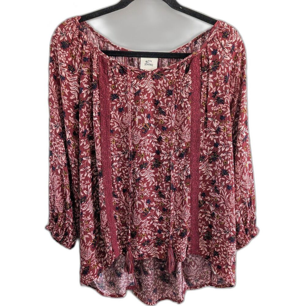 Knox Rose Floral Print Boho Peasant Blouse Lace Trim Size XS